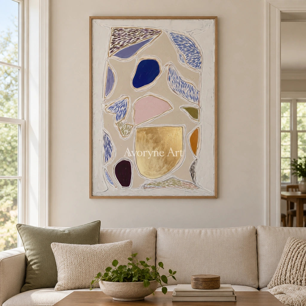 Winding Mosaic geometric texture wall art with a wood frame in a villa living space