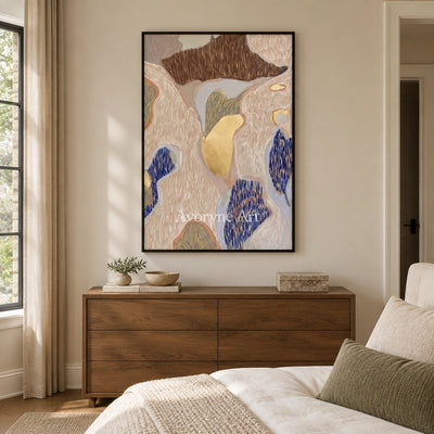 Winding Drift geometric texture wall art with a black frame above a bed in a bedroom