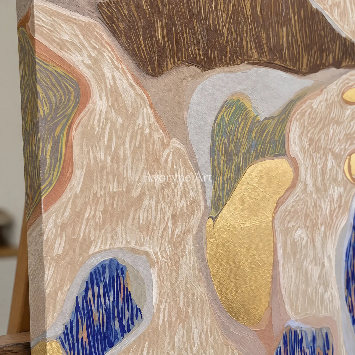 Close-up of the hand-painted texture of Winding Drift geometric texture wall art on an easel