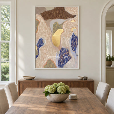Winding Drift geometric texture wall art with a white frame in a dining room