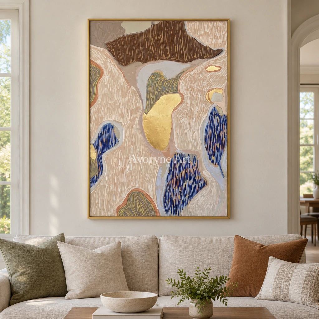 Winding Drift geometric texture wall art with a gold frame hanging in a living room