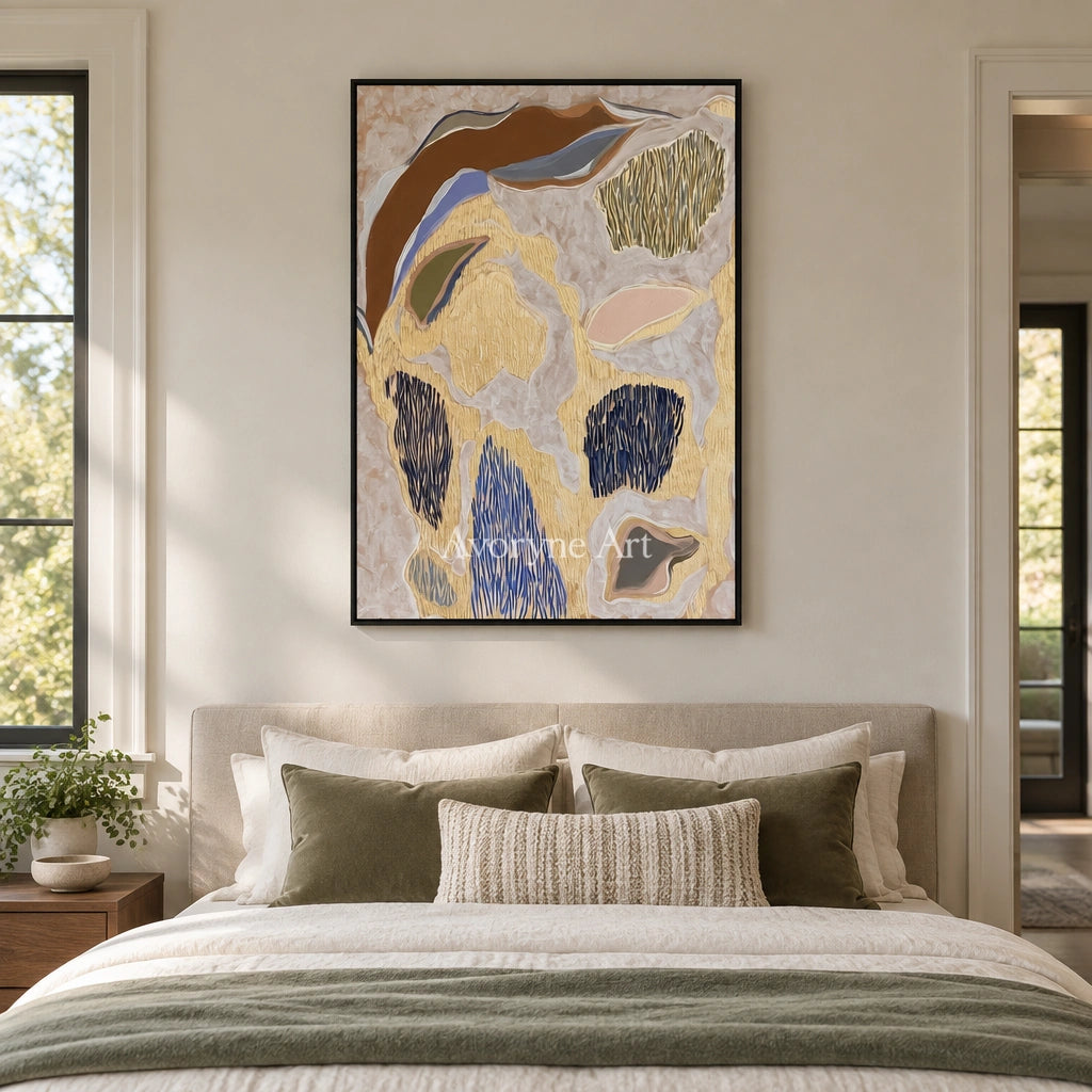 Winding Verse geometric texture wall art with a black frame above a bed in a bedroom