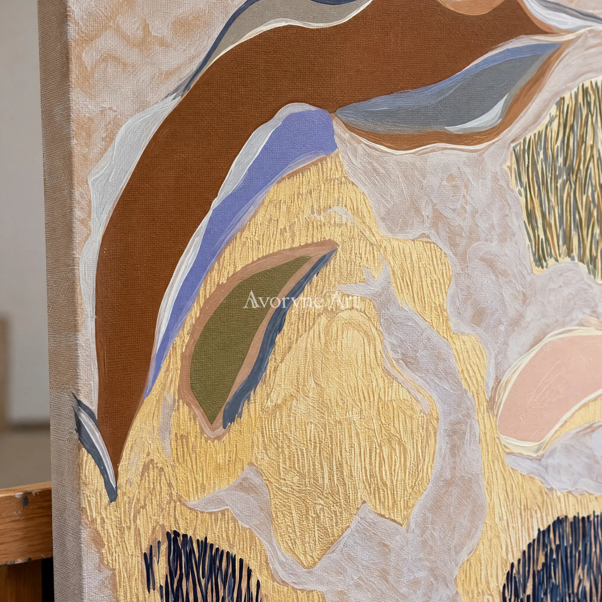 Close-up of the hand-painted texture of Winding Verse geometric texture wall art on an easel