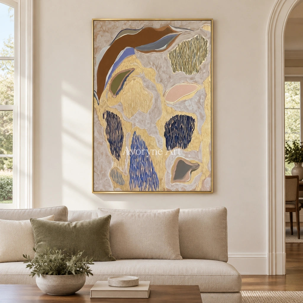 Winding Verse geometric texture wall art with a gold frame hanging in a living room