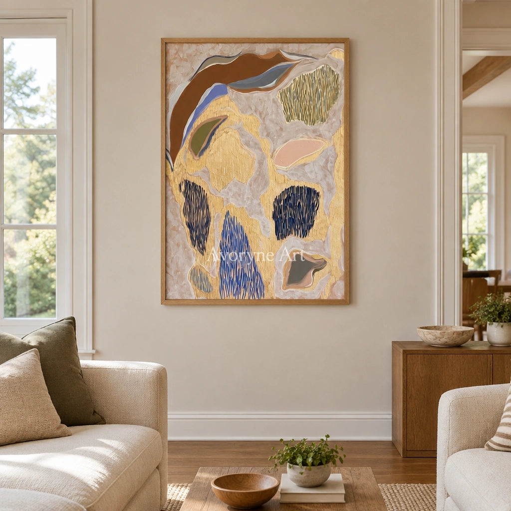 Winding Verse geometric texture wall art with a wood frame in a villa living space