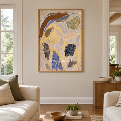 Winding Verse geometric texture wall art with a wood frame in a villa living space