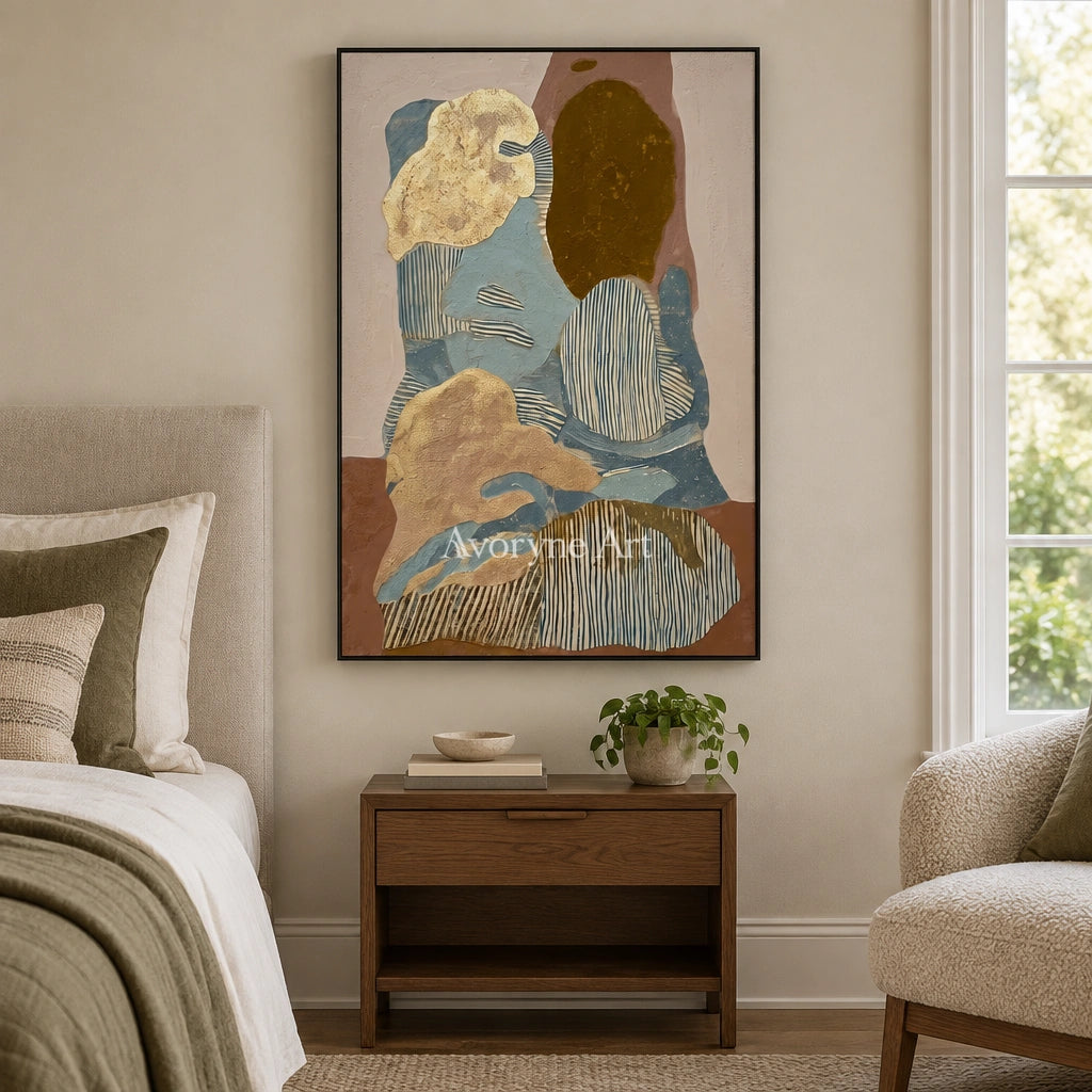 Winding Trace geometric texture wall art with a black frame above a bed in a bedroom