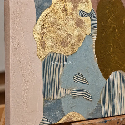 Close-up of the hand-painted texture of Winding Trace geometric texture wall art on an easel