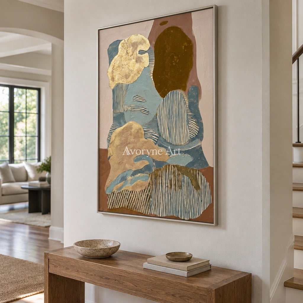 Winding Trace geometric texture wall art with a silver frame in an entryway