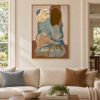 Winding Trace geometric texture wall art with a gold frame hanging in a living room