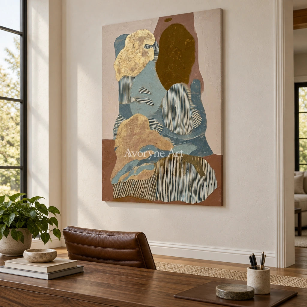 Winding Trace geometric texture wall art as a frameless stretched canvas in a home office