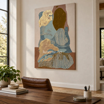 Winding Trace geometric texture wall art as a frameless stretched canvas in a home office