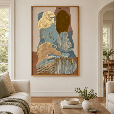 Winding Trace geometric texture wall art with a wood frame in a villa living space