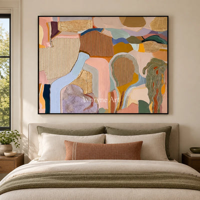 Winding Story geometric texture wall art with a black frame above a bed in a bedroom