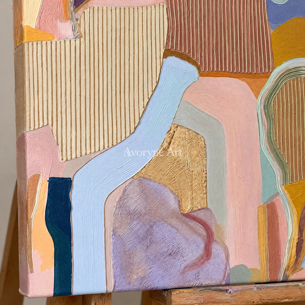 Close-up of the hand-painted texture of Winding Story geometric texture wall art on an easel
