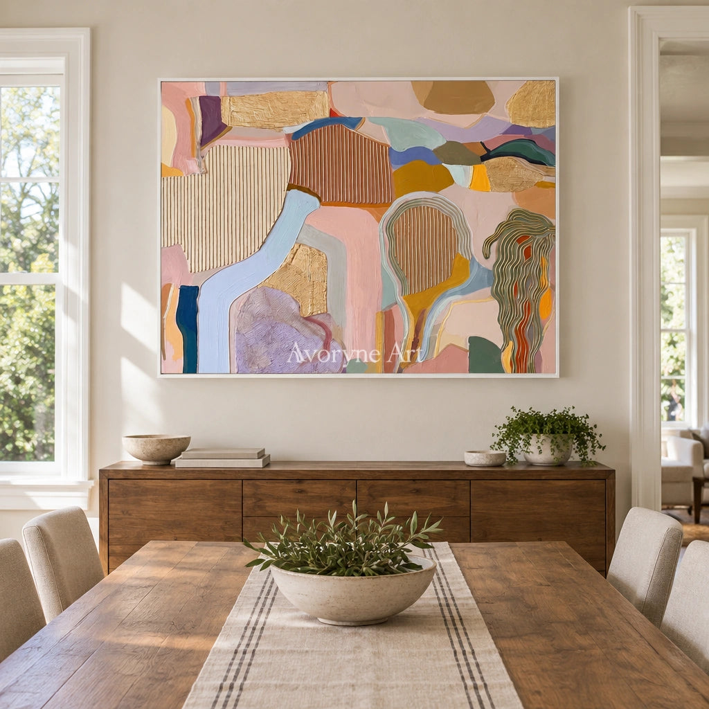 Winding Story geometric texture wall art with a white frame in a dining room