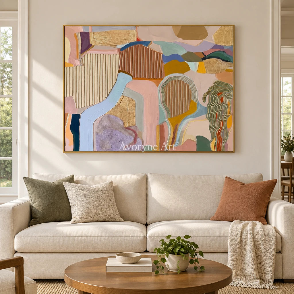 Winding Story geometric texture wall art with a gold frame hanging in a living room