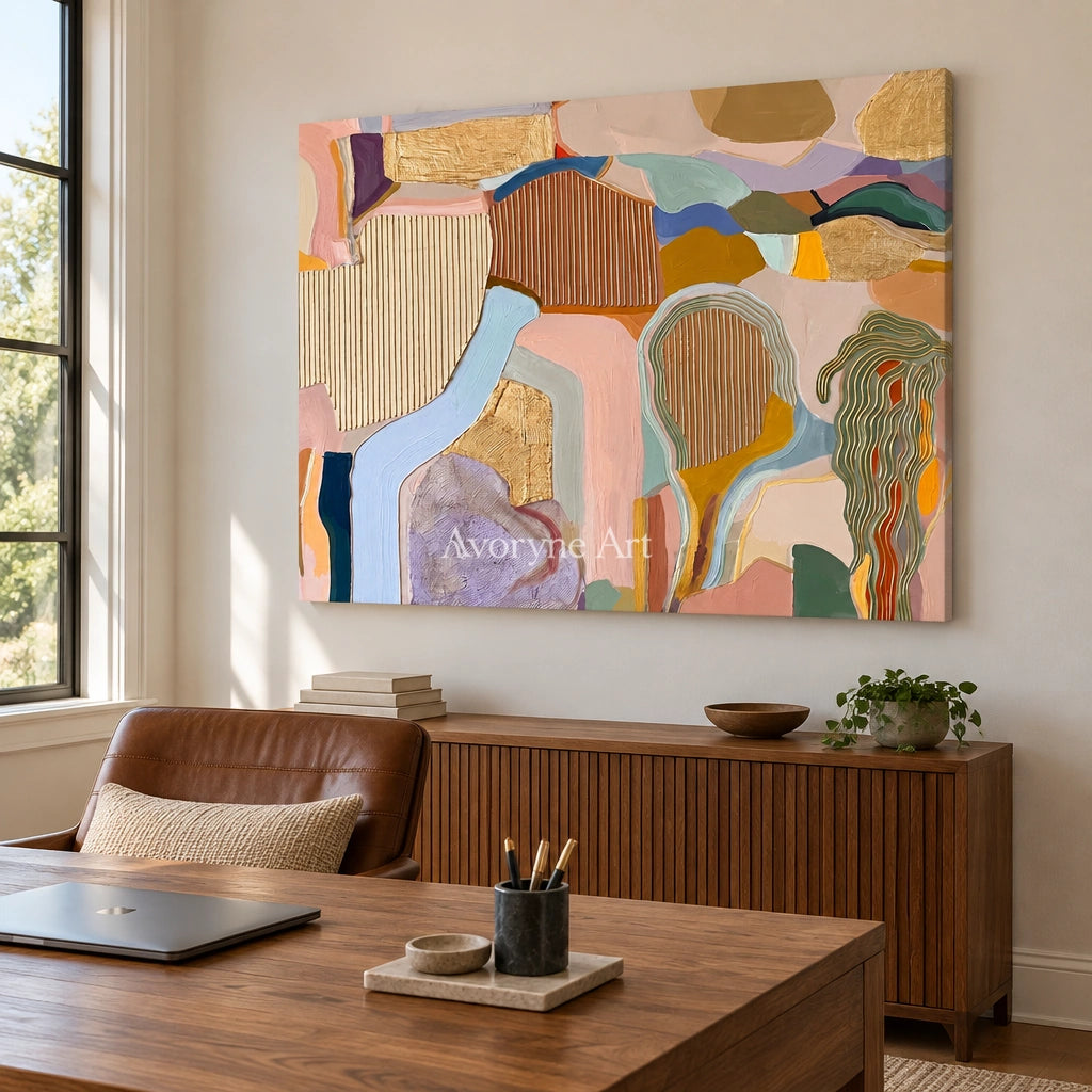 Winding Story geometric texture wall art as a frameless stretched canvas in a home office
