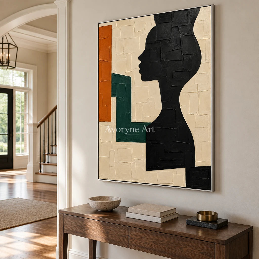 Profile in Sage: Geometric Woman Portrait Wall Art — entry silver