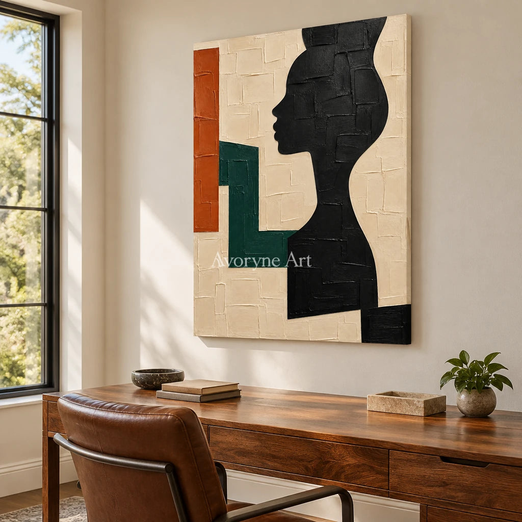 Profile in Sage: Geometric Woman Portrait Wall Art — office frameless