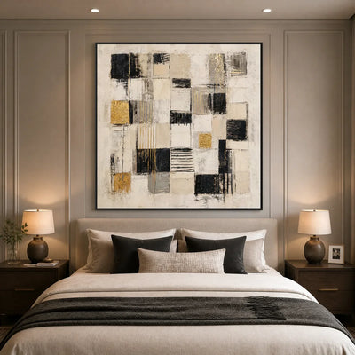 Gilded Blocks: Geometric Abstract Wall Art - bedroom black frame