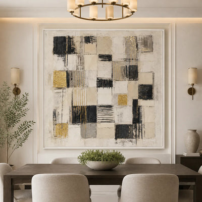 Gilded Blocks: Geometric Abstract Wall Art - dining room white frame