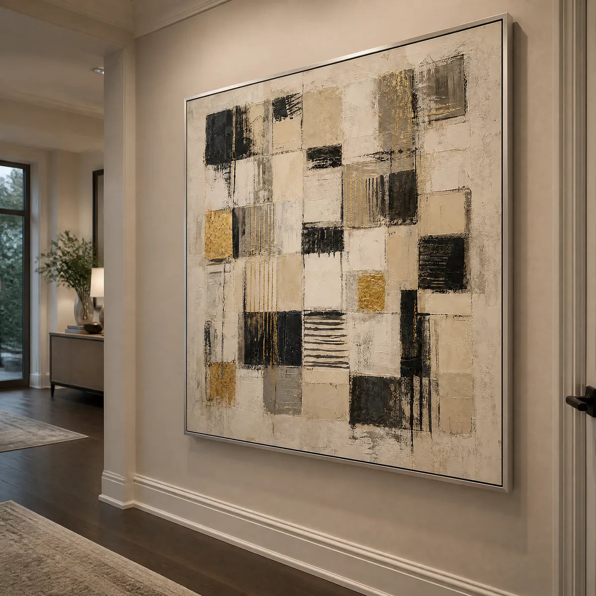 Gilded Blocks: Geometric Abstract Wall Art - hallway silver frame