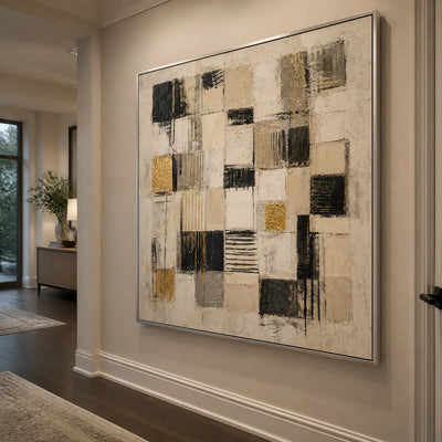 Gilded Blocks: Geometric Abstract Wall Art - hallway silver frame