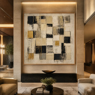 Gilded Blocks: Geometric Abstract Wall Art - hotel wood frame