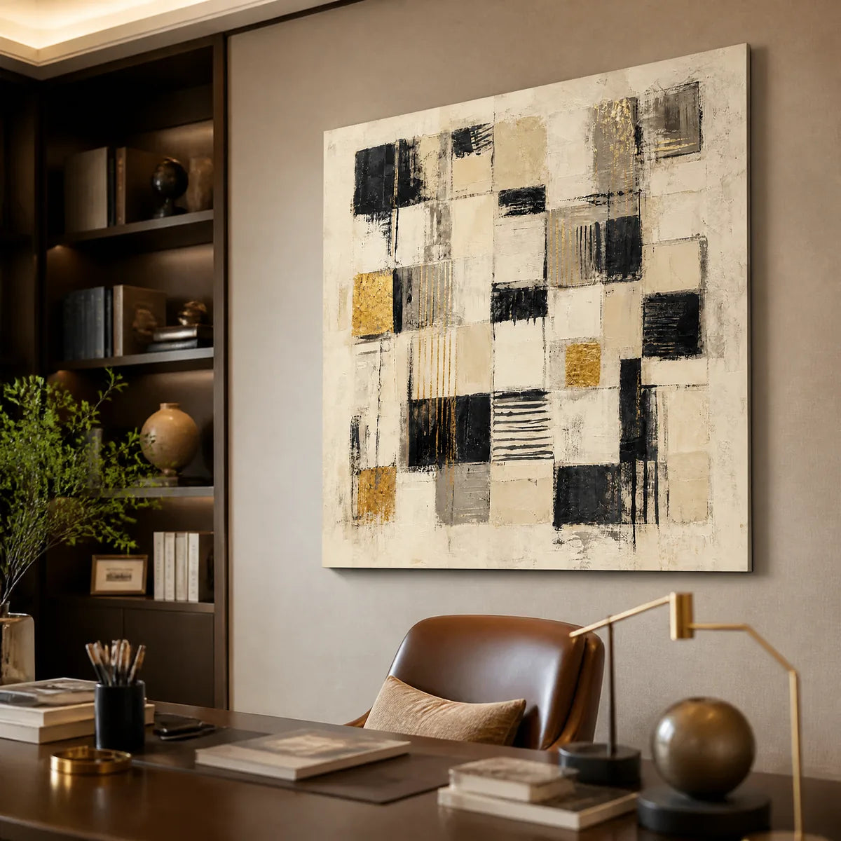 Gilded Blocks: Geometric Abstract Wall Art - office stretched canvas