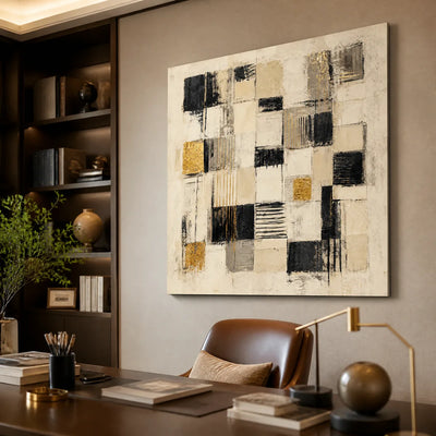 Gilded Blocks: Geometric Abstract Wall Art - office stretched canvas