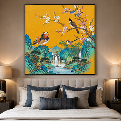 Cascade Song: Gold Bird and Waterfall Wall Art — bedroom black frame
