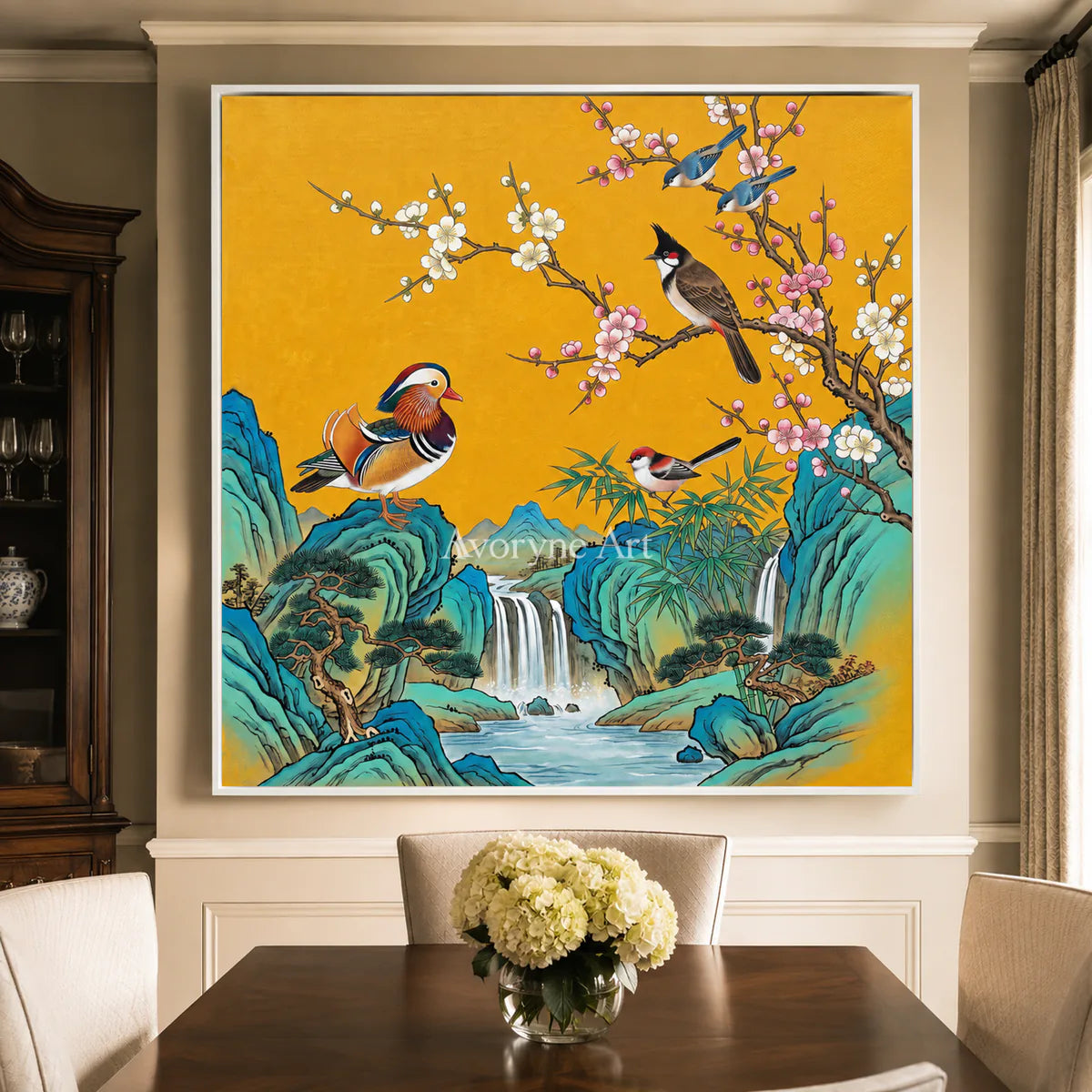 Cascade Song: Gold Bird and Waterfall Wall Art — dining room white frame