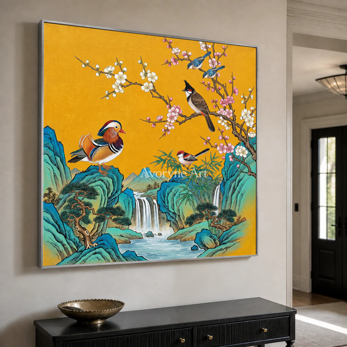 Cascade Song: Gold Bird and Waterfall Wall Art — entryway silver frame oblique