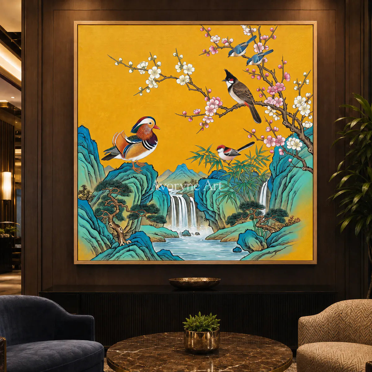 Cascade Song: Gold Bird and Waterfall Wall Art — hotel wood frame