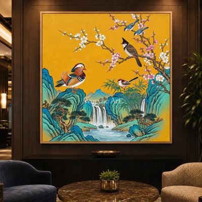 Cascade Song: Gold Bird and Waterfall Wall Art — hotel wood frame
