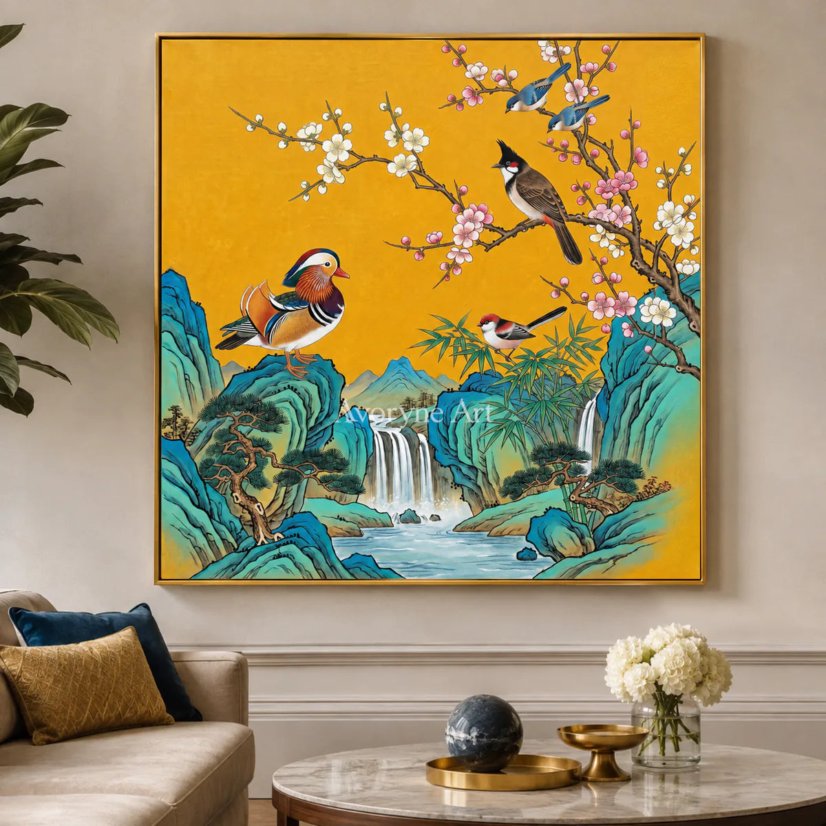 Cascade Song: Gold Bird and Waterfall Wall Art — living room gold frame