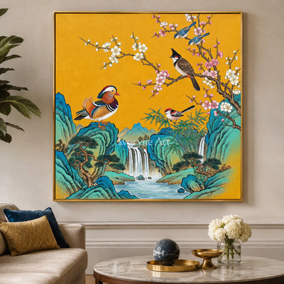 Cascade Song: Gold Bird and Waterfall Wall Art — living room gold frame