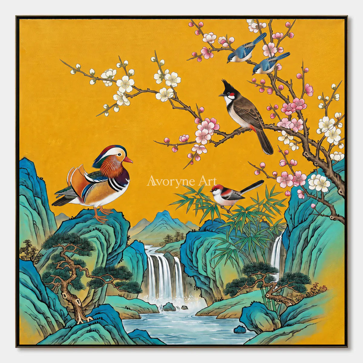 Cascade Song: Gold Bird and Waterfall Wall Art — primary