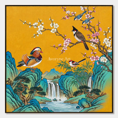 Cascade Song: Gold Bird and Waterfall Wall Art — primary