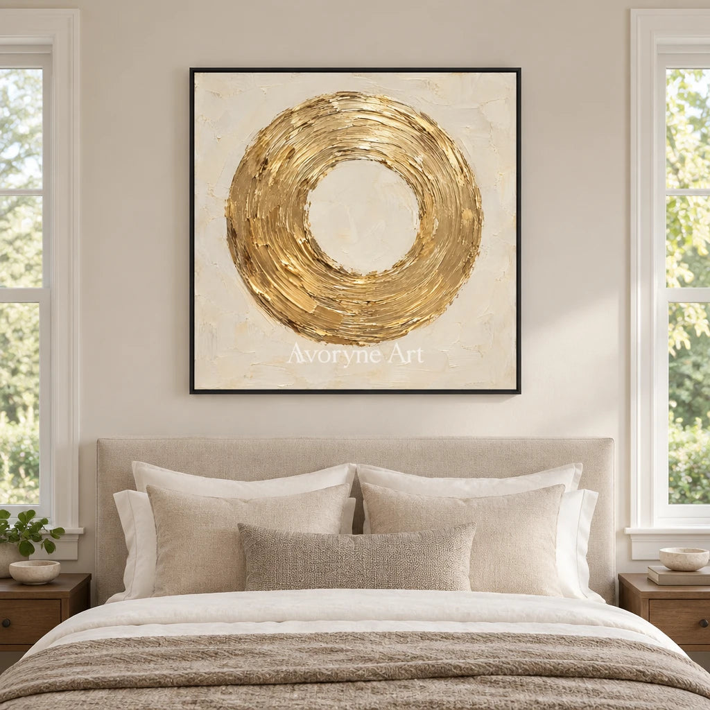 Gilded Orbit: Gold Circle Textured Wall Art Wall Art — bedroom black