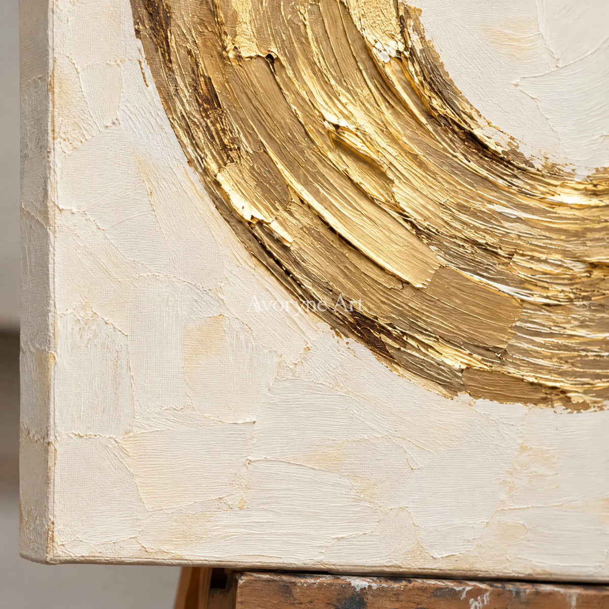 Gilded Orbit: Gold Circle Textured Wall Art Wall Art — detail easel