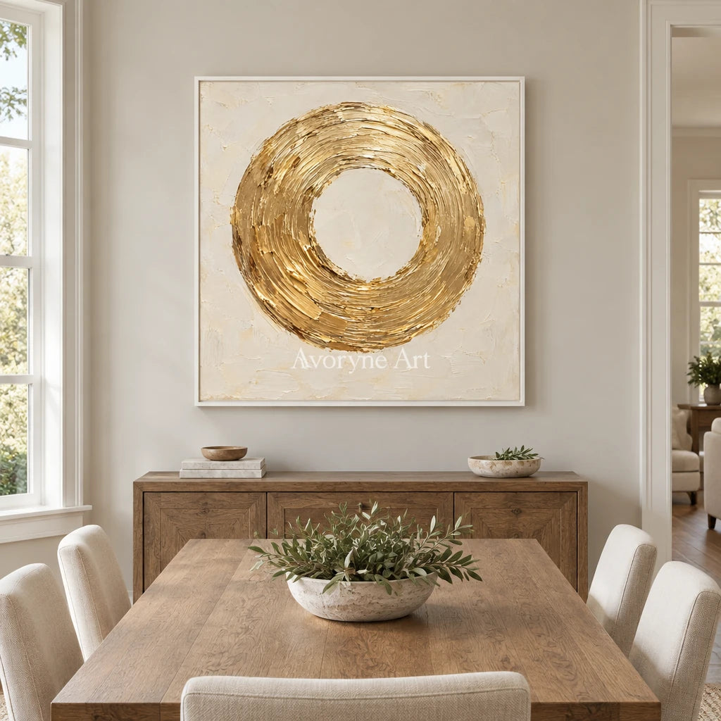 Gilded Orbit: Gold Circle Textured Wall Art Wall Art — dining white