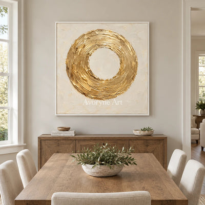 Gilded Orbit: Gold Circle Textured Wall Art Wall Art — dining white