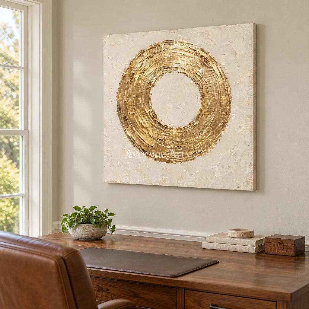 Gilded Orbit: Gold Circle Textured Wall Art Wall Art — office frameless