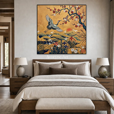 Golden Wingfall: Gold Crane and Blossom Square Wall Art — bedroom black