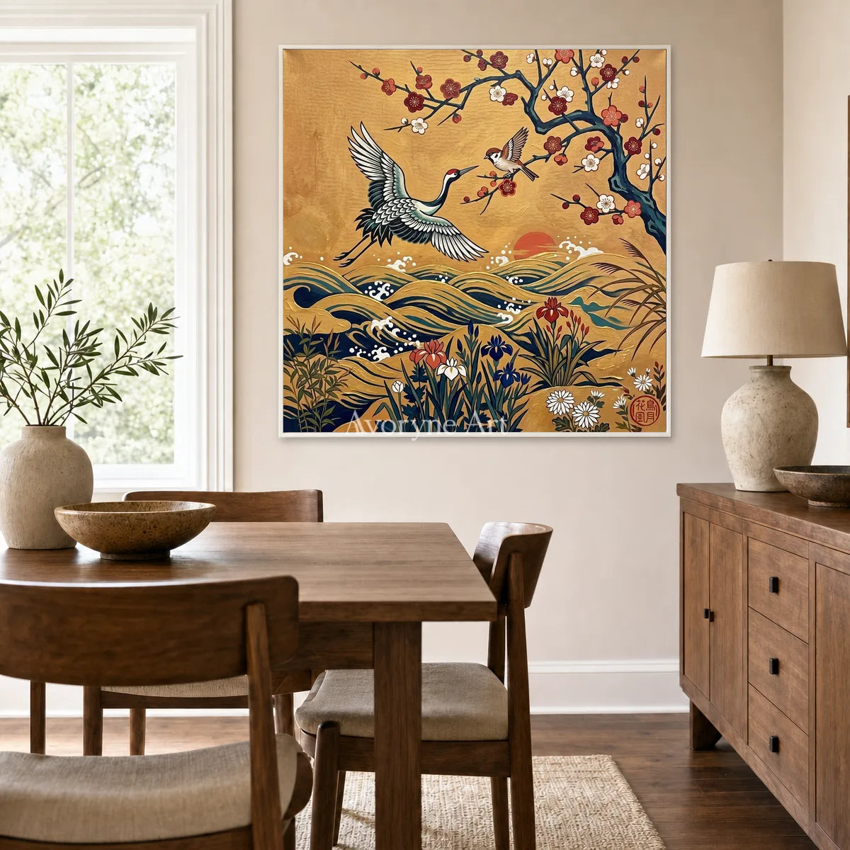 Golden Wingfall: Gold Crane and Blossom Square Wall Art — dining white