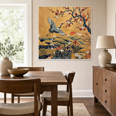 Golden Wingfall: Gold Crane and Blossom Square Wall Art — dining white