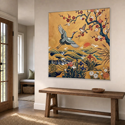 Golden Wingfall: Gold Crane and Blossom Square Wall Art — entry silver