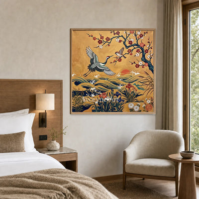 Golden Wingfall: Gold Crane and Blossom Square Wall Art — hotel wood
